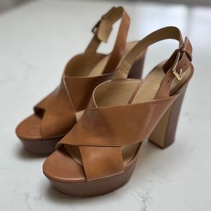 Michael Michael Kors tan leather platform sandal with stacked wood heel